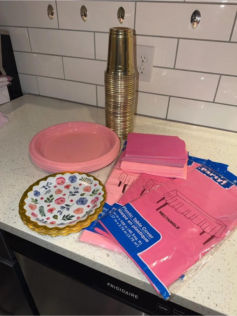 Pink Floral & Gold Accent Disposable Party Tableware Set